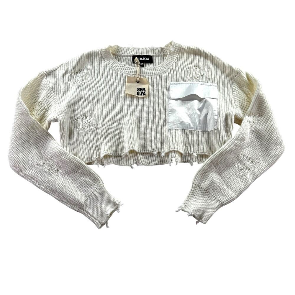 SER.O.YA Devin Cropped Sweater L White Distressed Knit Pullover Shredded Hem NWT